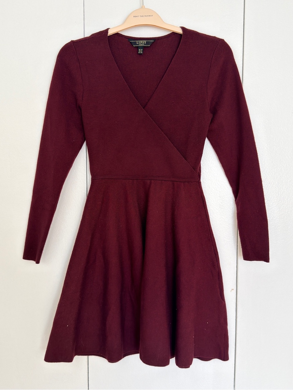 Lipsy London Burgundy Knit Wrap Fit Flare Dress UK 12 US 8